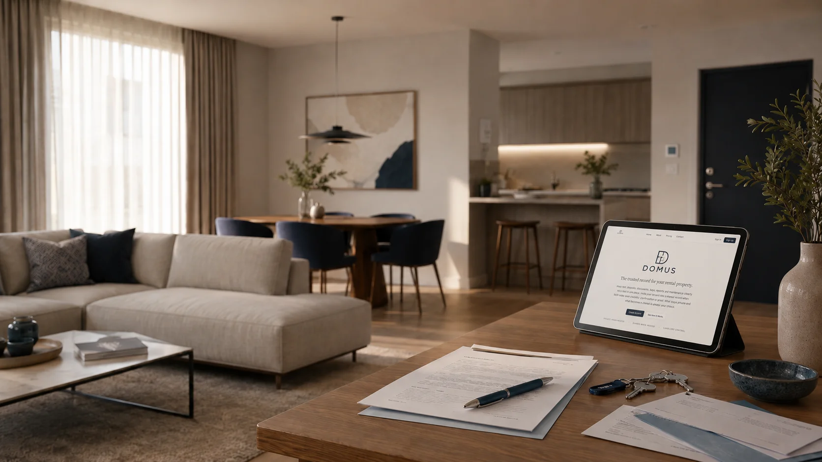 Domus property record shown on a tablet in a modern apartment